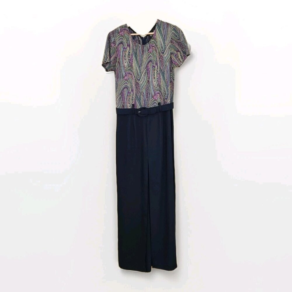 Cartise Intl Jumpsuit Womens 8 Navy Rainbow Wide Leg Palazzo Disco 90s VTG Boho